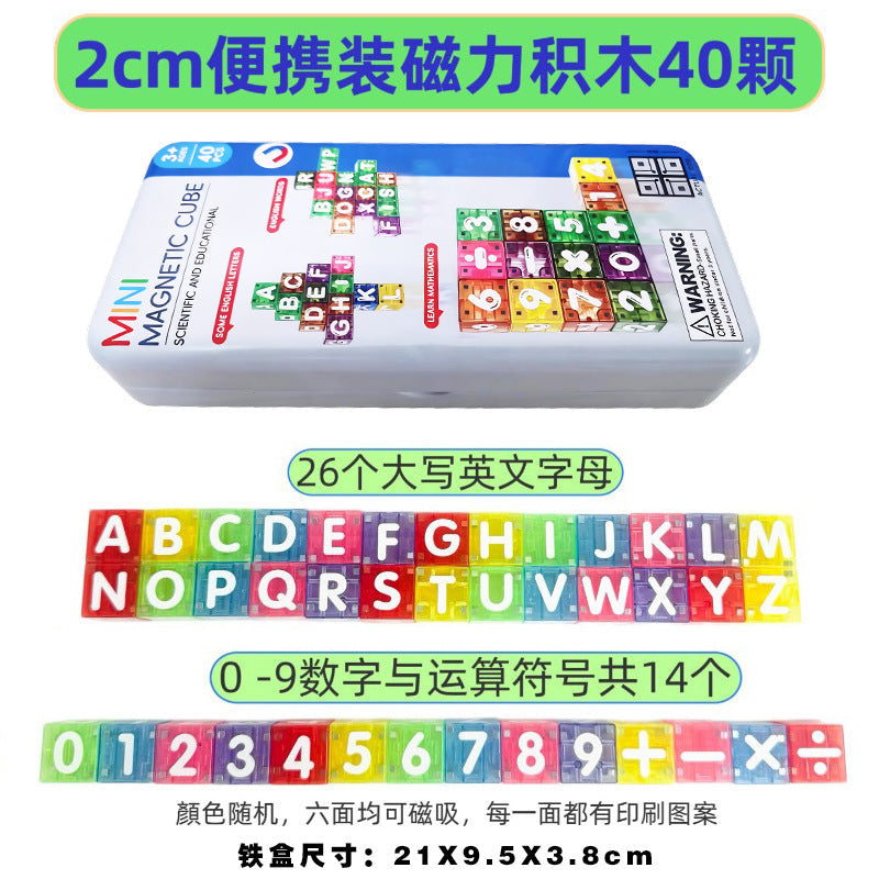 Magnetic Tile Blocks Set in Iron Box, Letters & Numbers Puzzle, Educational Geometric Cubes for Early Learning Building Toys