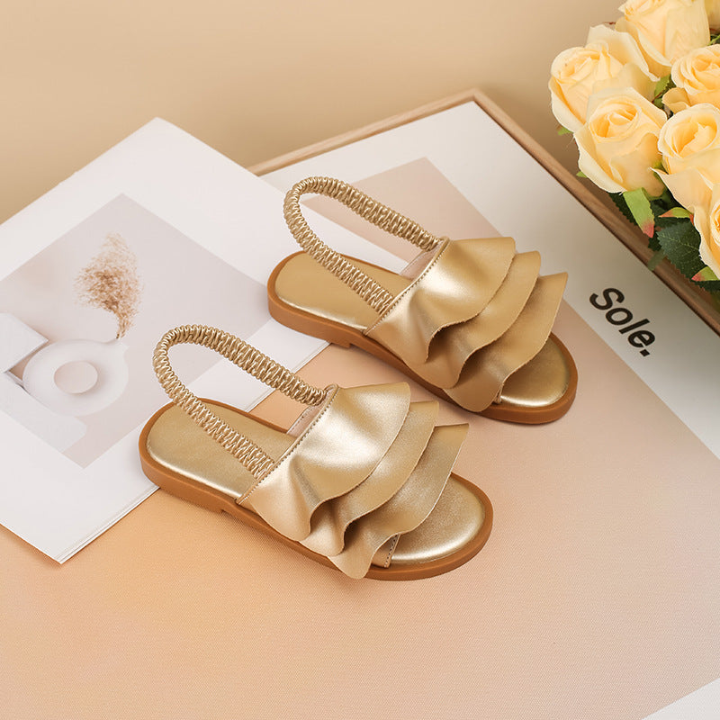 New Floral Ruffle Lace Girls Sandals for Export Gold Elastic Strap Beach Sandals Pleated Slip-On Princess Shoes