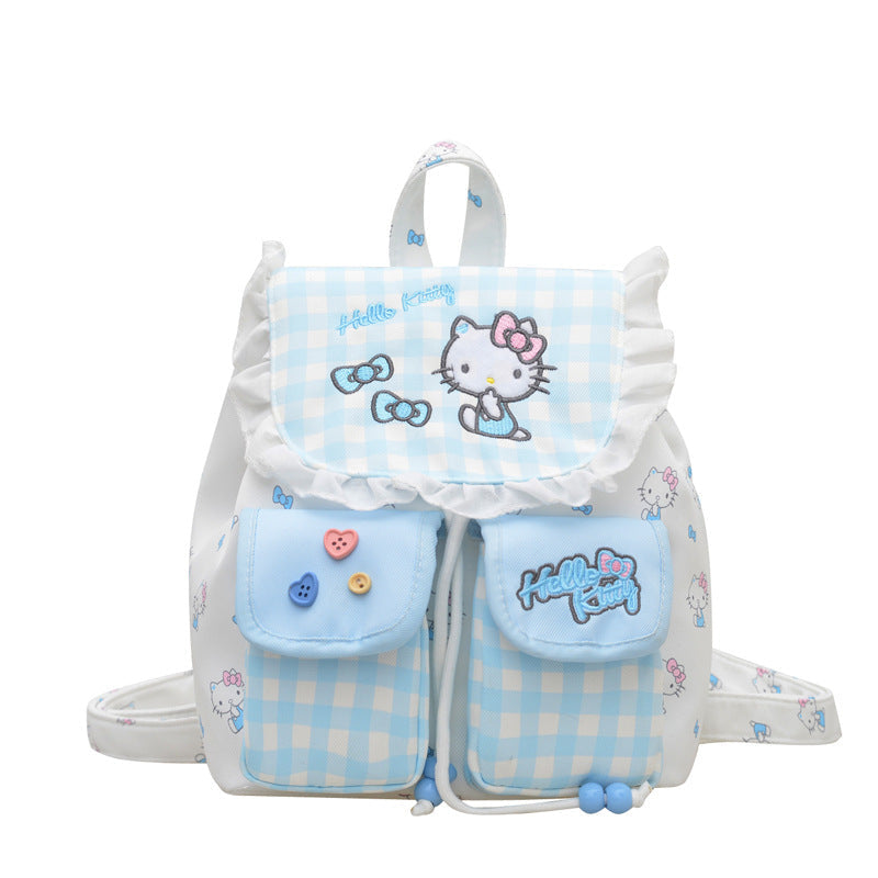 2026 New Water-Based Lace Double-Strap Backpack, Sweet Girly Cartoon Kawaii Light-Clean Blue Gingham Kitty Cat Backpack