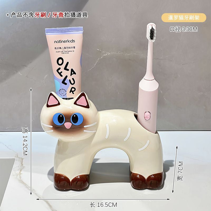 Ceramic Siamese Cat Toothbrush Holder for Home Use, High Aesthetic Toothbrush and Toothpaste Storage Rack for Bathroom Vanity
