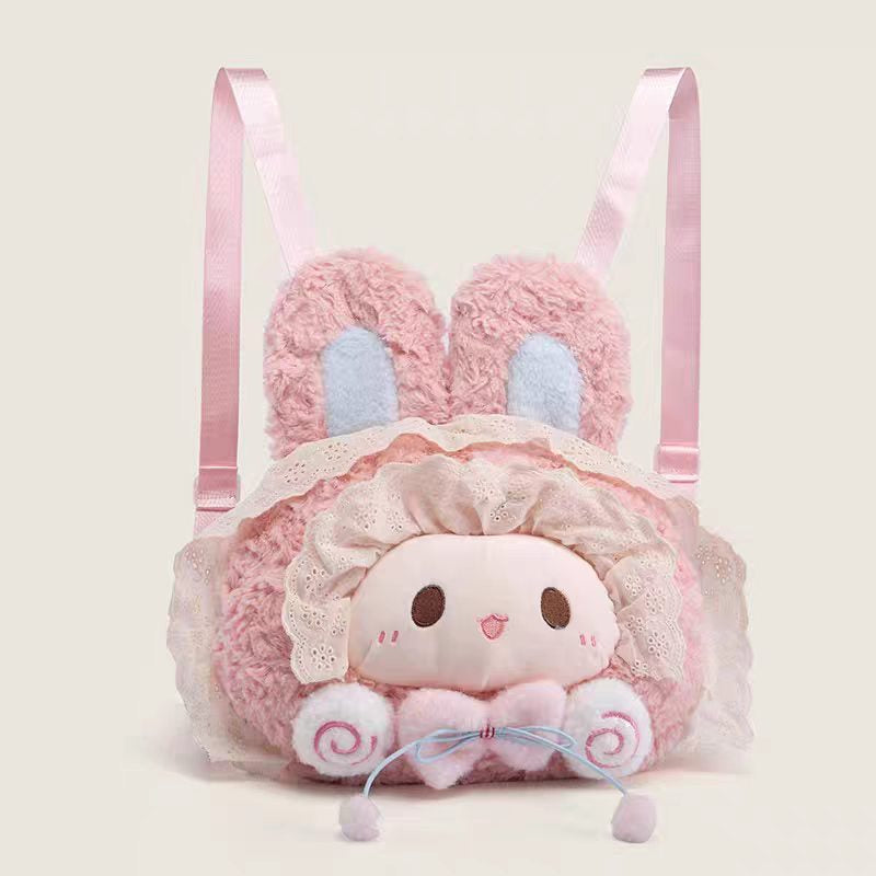 Pink Bunny Big-Face Plush Backpack, Cute Sweet Lace “Girl Heart” JK Style Oversized Head Backpack, Sweetheart Schoolbag Gift