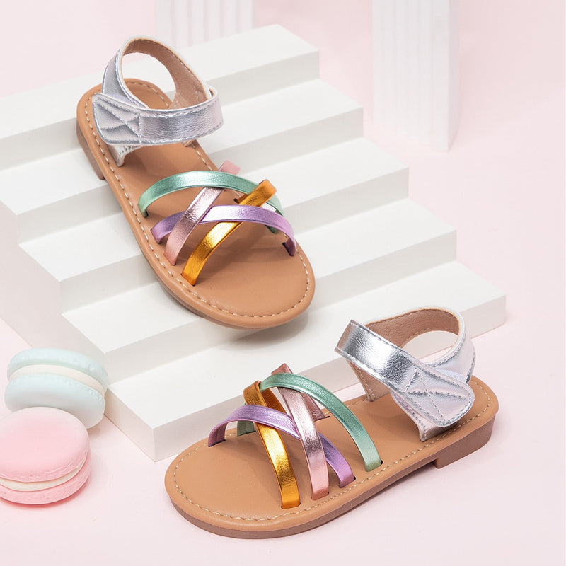 2026 Summer New Style French-Style Magic Tape Colorful Girls' Flat Princess Sandals with Soft Soles, Versatile Open-Toe Beach Sandals