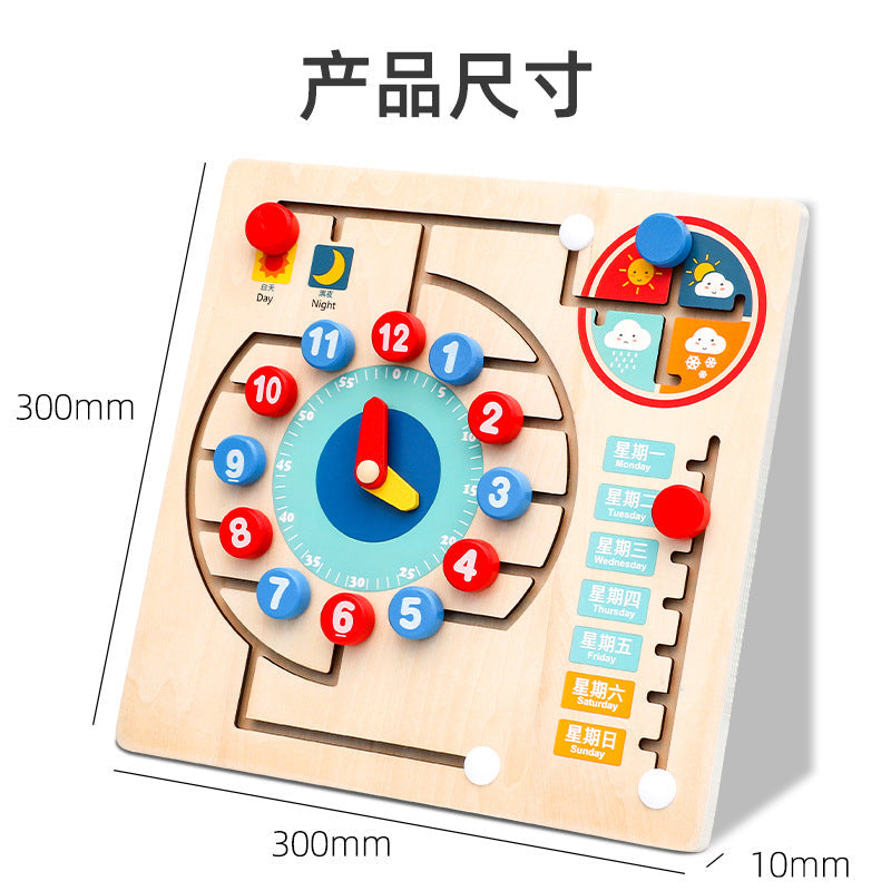 Early education wooden clock maze teaching aids calendar digital weather multi-function letter matching children's educational toys