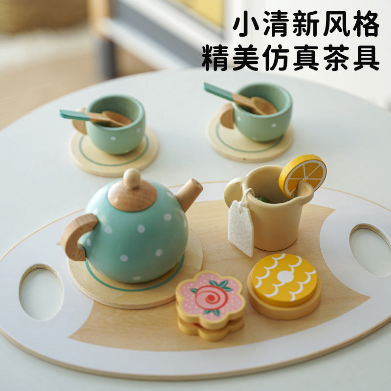 Kids Pretend Play Tea Set & Dessert Set, Role-Play Wooden Toys for Preschool Kindergarten, Imaginative Housekeeping Pretend Play