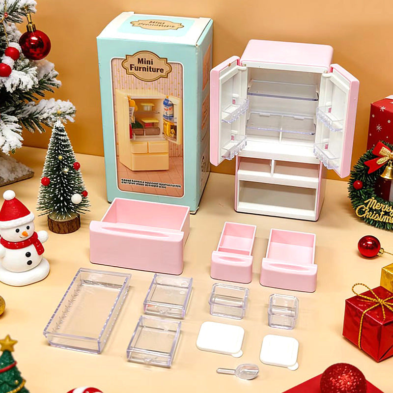 Mini Scene Playset Toy Dollhouse Double-Door Refrigerator Miniature for Pretend Play, Realistic Model
