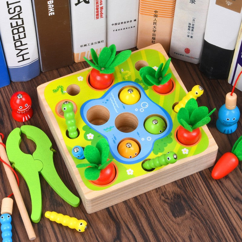 Children's simulation fishing insect-catching and radish-pulling multifunctional desktop game puzzle early education parent-child interactive wooden toy