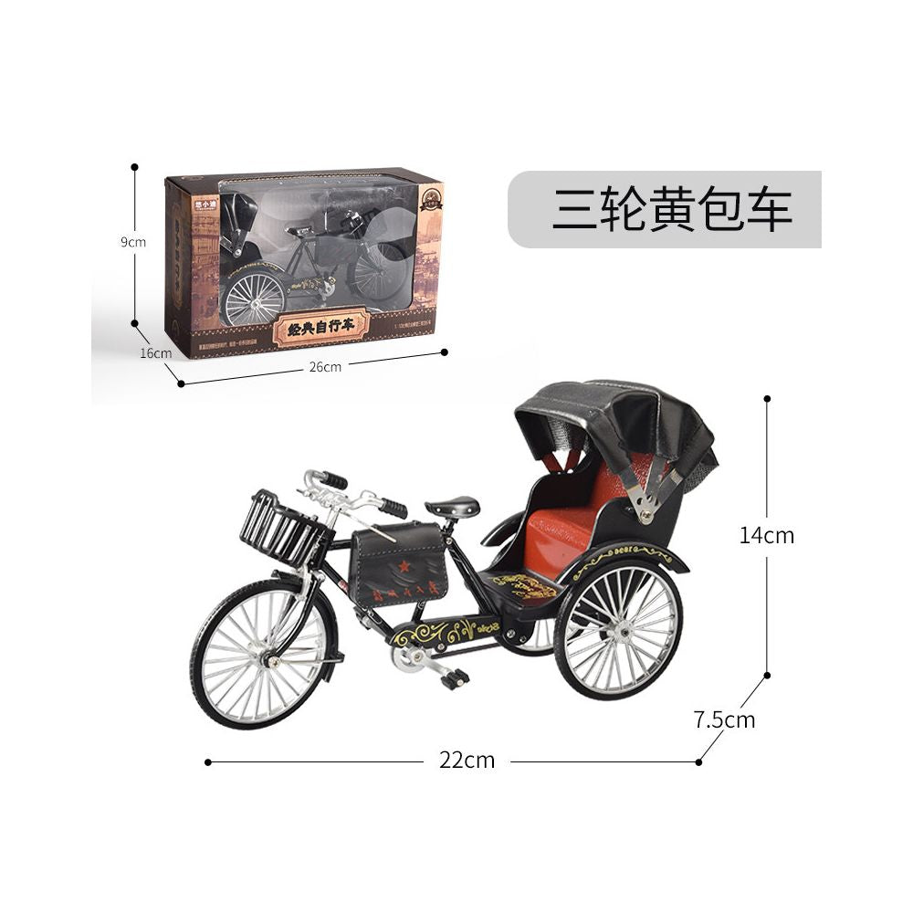 A retro style rickshaw model ornament with a vintage alloy finish made of 28 inch alloy