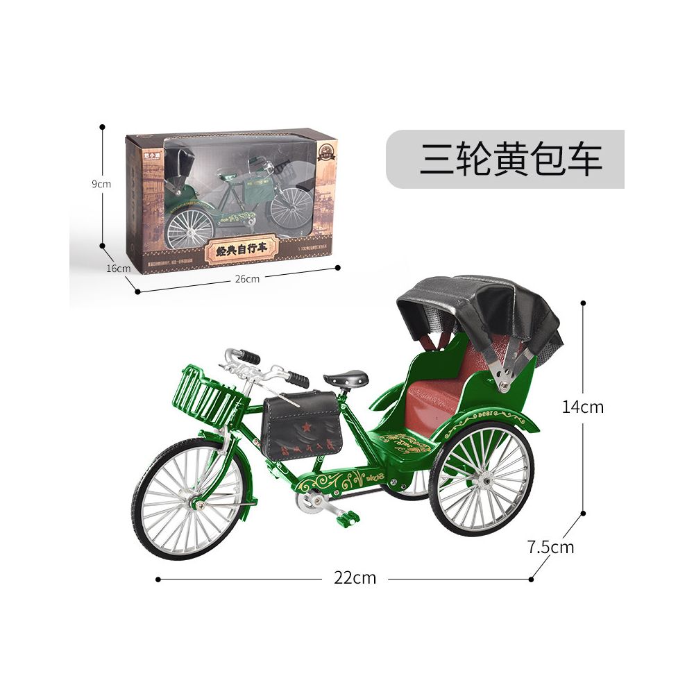 A retro style rickshaw model ornament with a vintage alloy finish made of 28 inch alloy