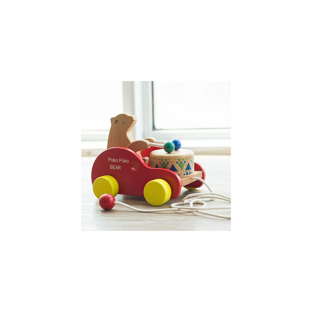Wooden toy for toddlers pull along walker early education toy children s educational beech wood bear drumming trolley image 0