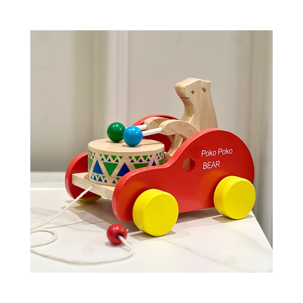 Wooden toy for toddlers pull along walker early education toy children s educational beech wood bear drumming trolley