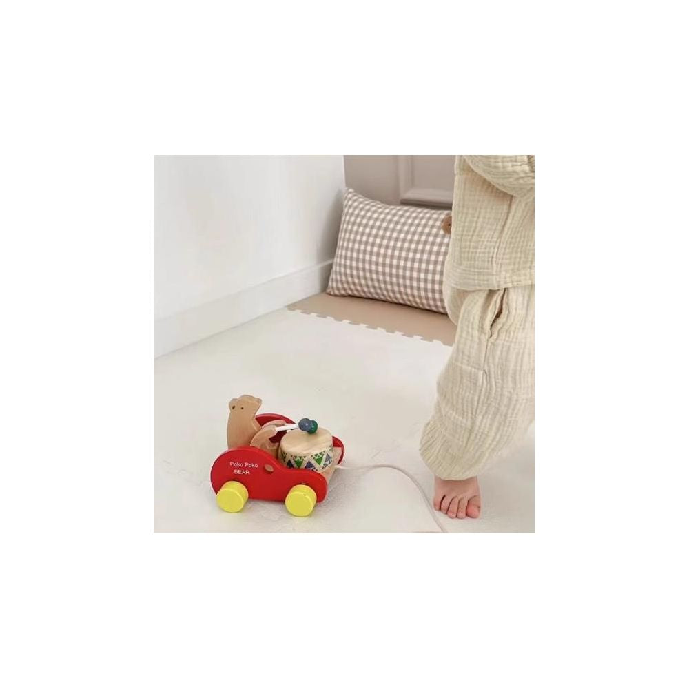 Wooden toy for toddlers pull along walker early education toy children s educational beech wood bear drumming trolley image 2