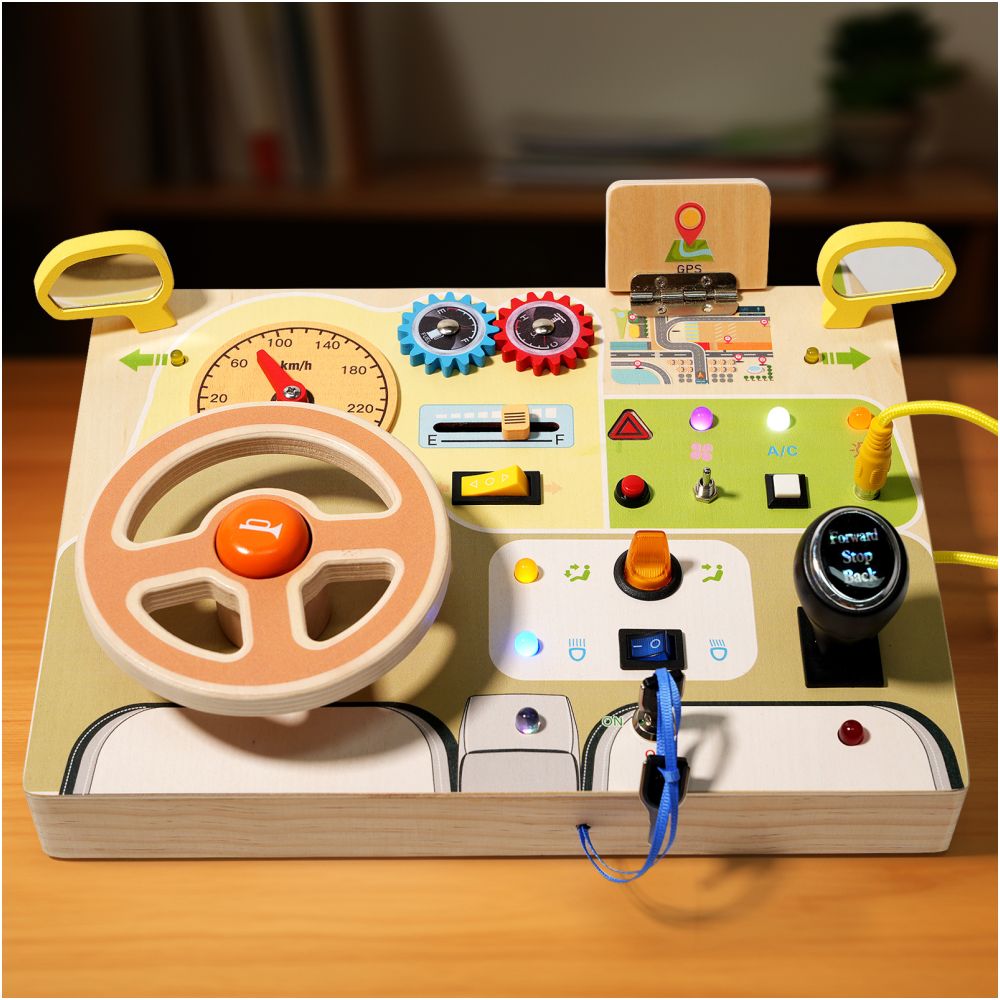 Cross border popular children s early education wooden LED light socket switch busy board toy hands on wooden toy image 0