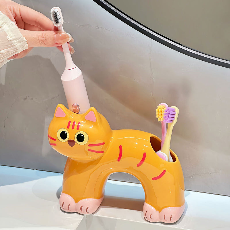 Ceramic Siamese Cat Toothbrush Holder for Home Use, High Aesthetic Toothbrush and Toothpaste Storage Rack for Bathroom Vanity
