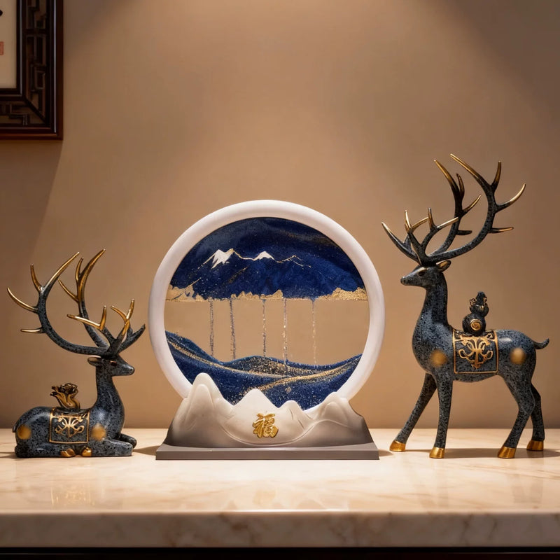 Wealth-Bringing Deer Sand Art Sandglass Flowing Display, Premium Home Decor for Living Room Wine Cabinet, Entryway & TV Console, New Home Gift