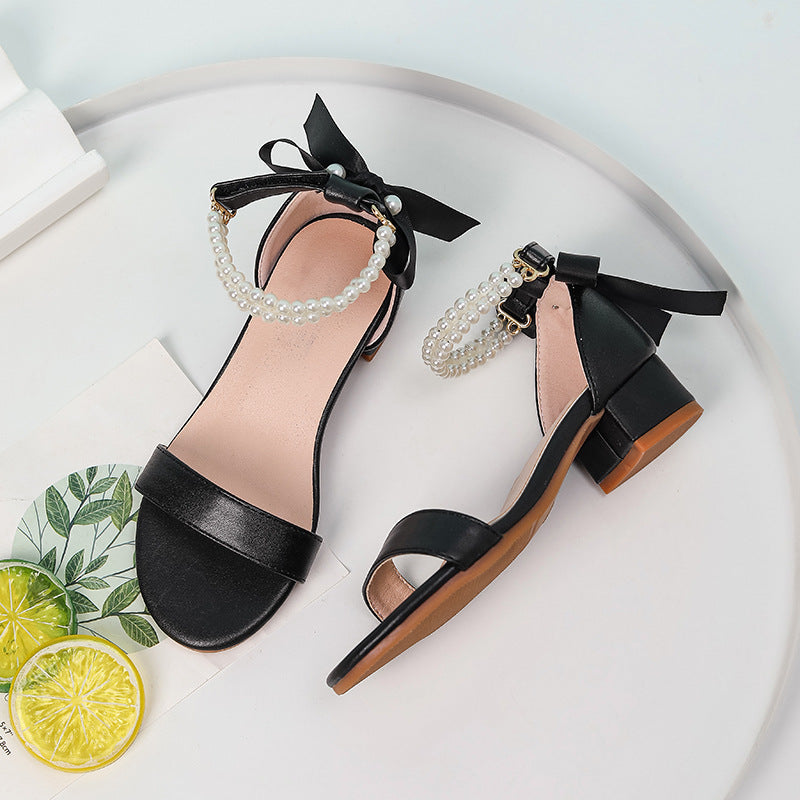 Cross-Border Exclusive 2026 New Style Elegant High-Heel Sandals for Girls, One-Strap Design with Pearl Butterfly Bow Decoration