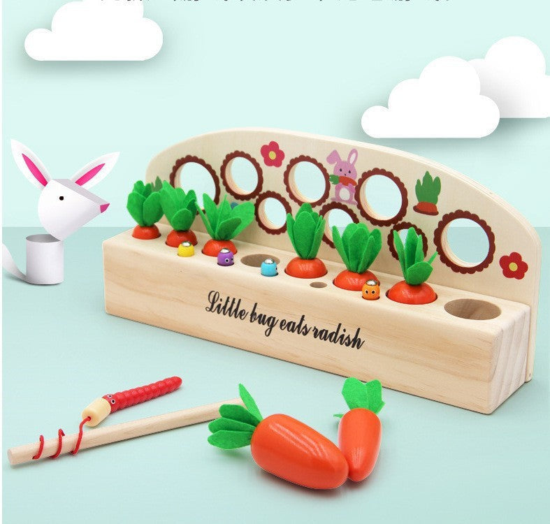 Children's simulation fishing insect-catching and radish-pulling multifunctional desktop game puzzle early education parent-child interactive wooden toy