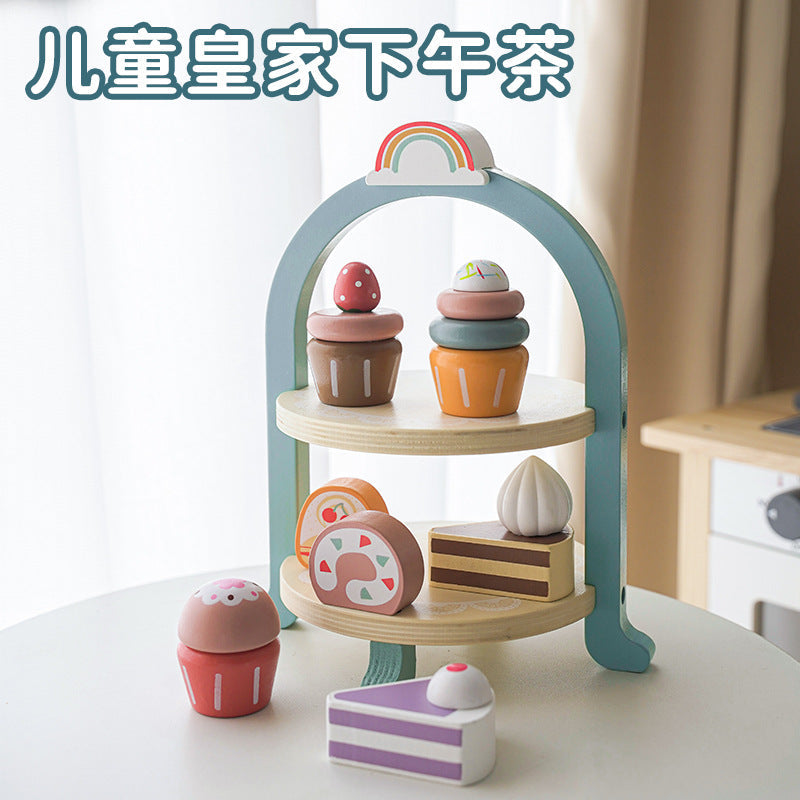 Kids Pretend Play Tea Set & Dessert Set, Role-Play Wooden Toys for Preschool Kindergarten, Imaginative Housekeeping Pretend Play