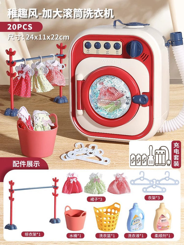 Kids Large Pretend Washing Machine, Water-Add Roller Electric Laundry Machine Toy to Wash Socks, Pretend Play Gift