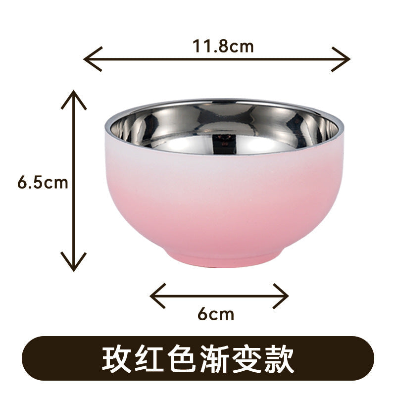 Hot gradient 304 stainless steel household rice bowl round bowl spoon anti-bowl adult heat insulation double-layer bowl chopsticks food grade