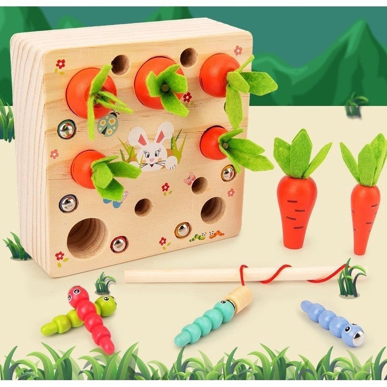 Children's simulation fishing insect-catching and radish-pulling multifunctional desktop game puzzle early education parent-child interactive wooden toy