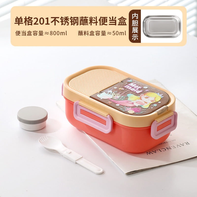 304 Stainless Steel Student Lunch Box, Cartoon Compartment Sealed Meal Container, Microwave-Safe Bento Box with Large Capacity
