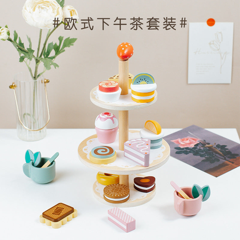Kids Pretend Play Tea Set & Dessert Set, Role-Play Wooden Toys for Preschool Kindergarten, Imaginative Housekeeping Pretend Play