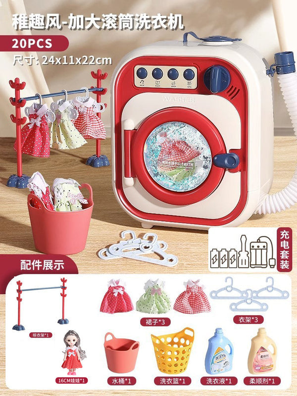 Kids Large Pretend Washing Machine, Water-Add Roller Electric Laundry Machine Toy to Wash Socks, Pretend Play Gift