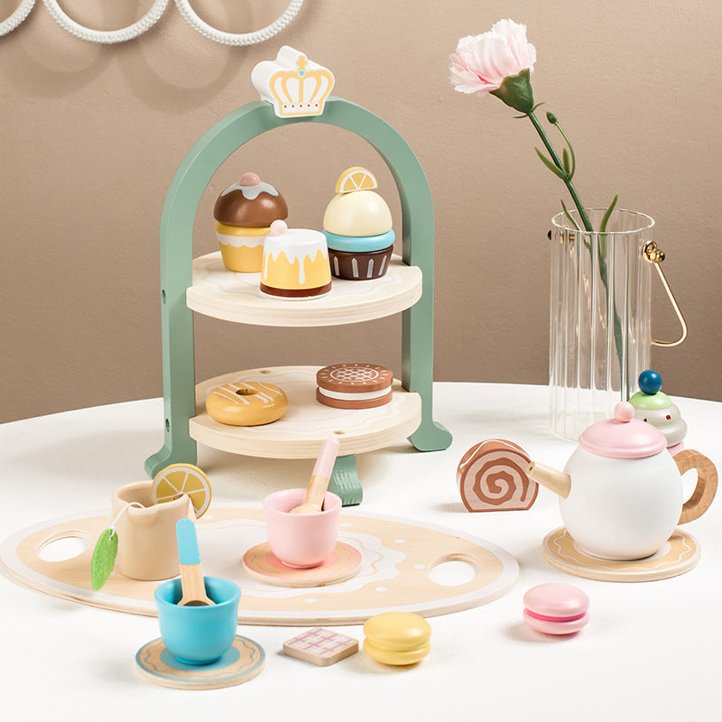 Kids Pretend Play Tea Set & Dessert Set, Role-Play Wooden Toys for Preschool Kindergarten, Imaginative Housekeeping Pretend Play