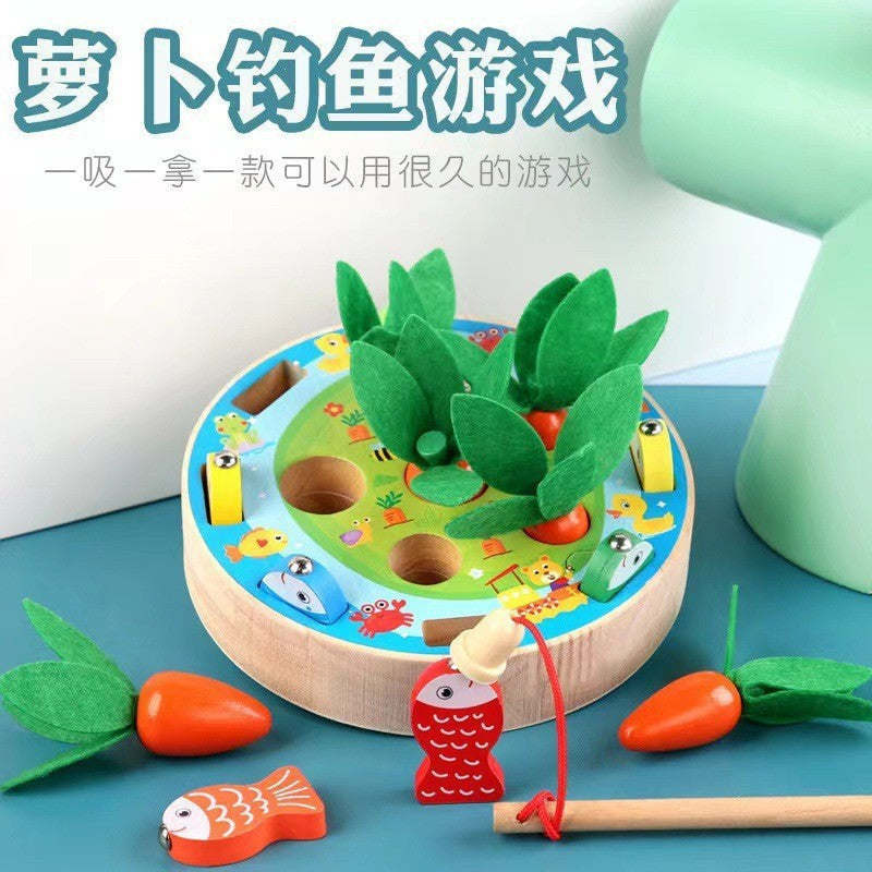 Children's simulation fishing insect-catching and radish-pulling multifunctional desktop game puzzle early education parent-child interactive wooden toy