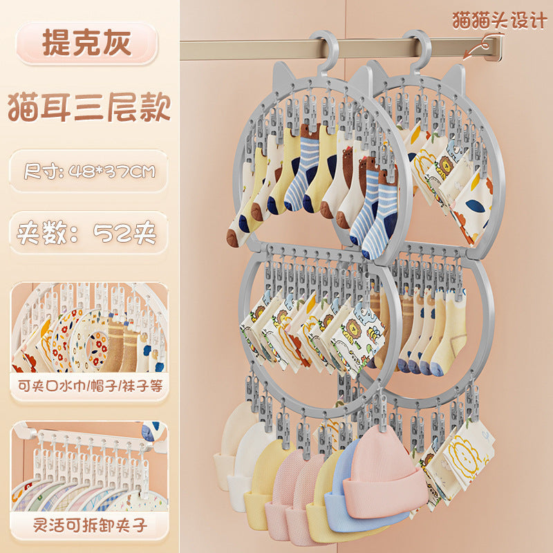 Cute Cat Ear Kidsren's Clothes Hanger with Multiple Clips, Large Capacity, Space-Saving, Special Drying Sock Clip for Newborn Babies