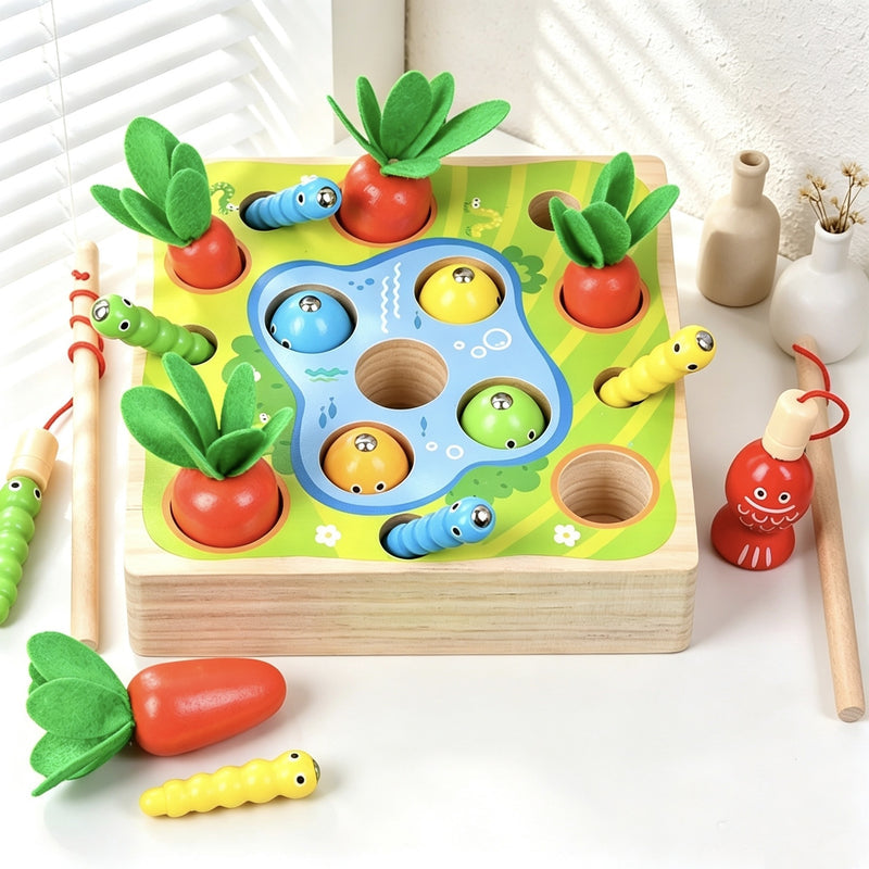 Children's simulation fishing insect-catching and radish-pulling multifunctional desktop game puzzle early education parent-child interactive wooden toy