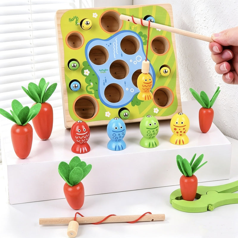 Children's simulation fishing insect-catching and radish-pulling multifunctional desktop game puzzle early education parent-child interactive wooden toy