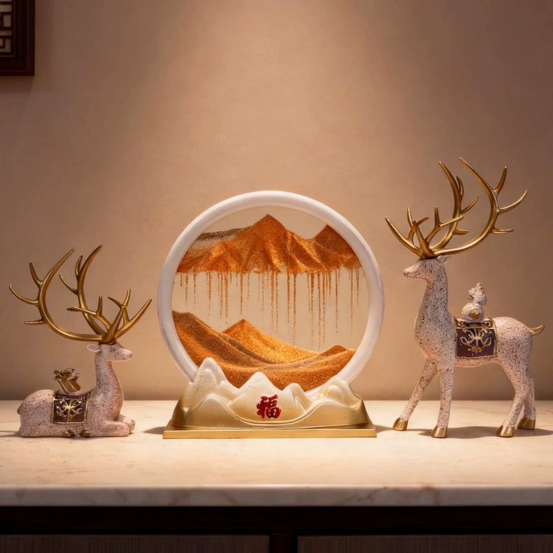 Wealth-Bringing Deer Sand Art Sandglass Flowing Display, Premium Home Decor for Living Room Wine Cabinet, Entryway & TV Console, New Home Gift