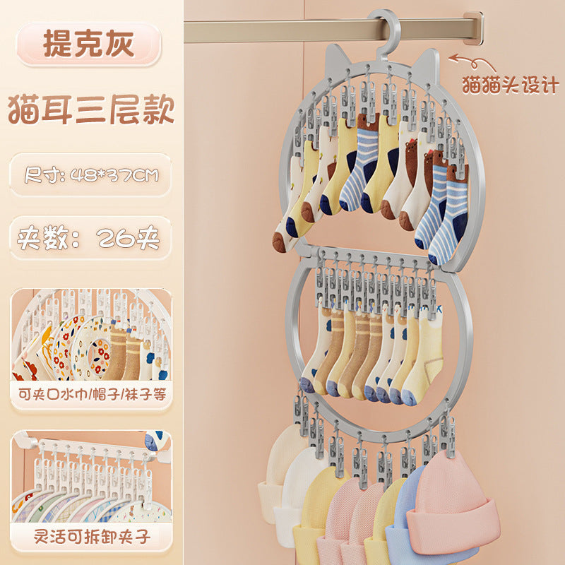 Cute Cat Ear Kidsren's Clothes Hanger with Multiple Clips, Large Capacity, Space-Saving, Special Drying Sock Clip for Newborn Babies