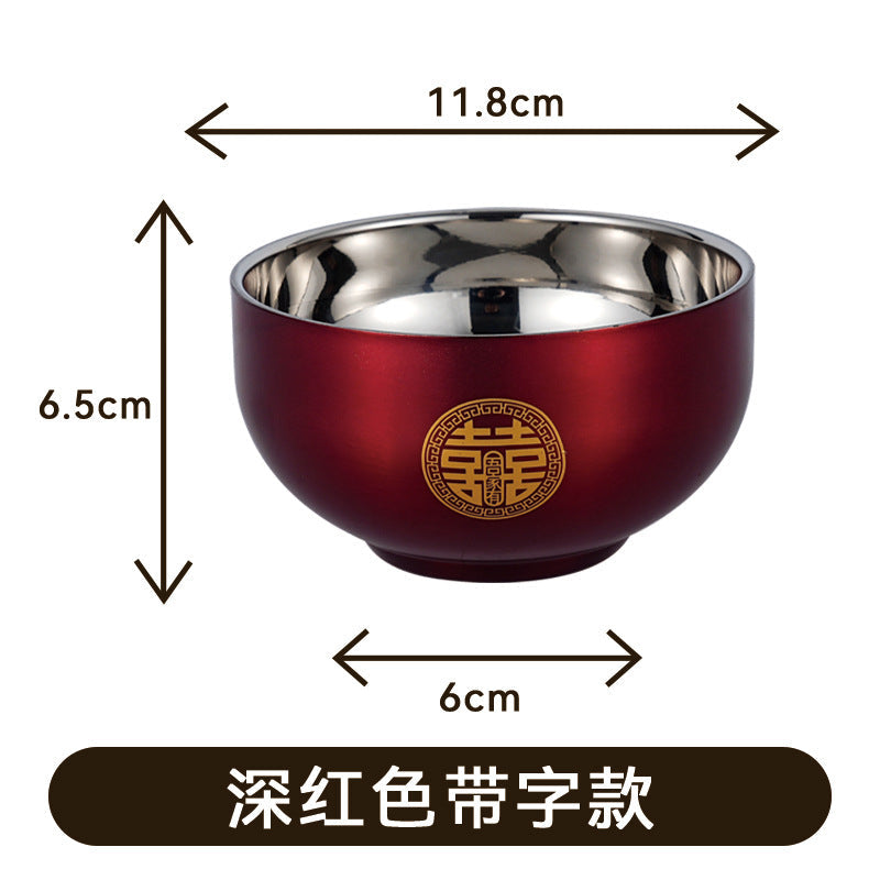 Hot gradient 304 stainless steel household rice bowl round bowl spoon anti-bowl adult heat insulation double-layer bowl chopsticks food grade