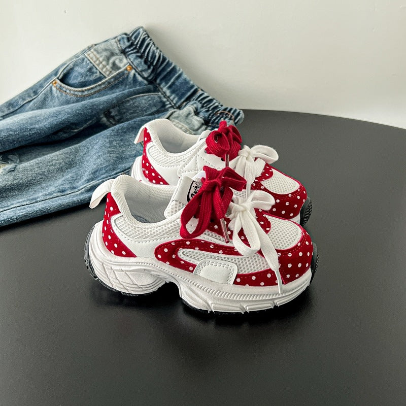 Korean-Style Polka Dot Kids’ Dad Sneakers Spring &amp; Autumn Breathable Mesh Sports Shoes for Girls, Baby Soft-Soled Casual Sneakers