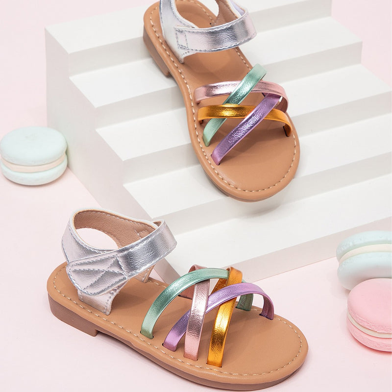 2026 Summer New Style French-Style Magic Tape Colorful Girls' Flat Princess Sandals with Soft Soles, Versatile Open-Toe Beach Sandals