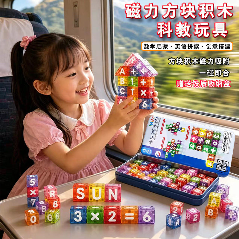 Magnetic Tile Blocks Set in Iron Box, Letters & Numbers Puzzle, Educational Geometric Cubes for Early Learning Building Toys