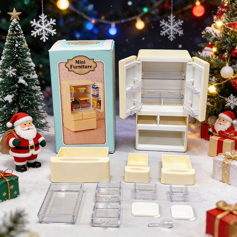 Mini Scene Playset Toy Dollhouse Double-Door Refrigerator Miniature for Pretend Play, Realistic Model