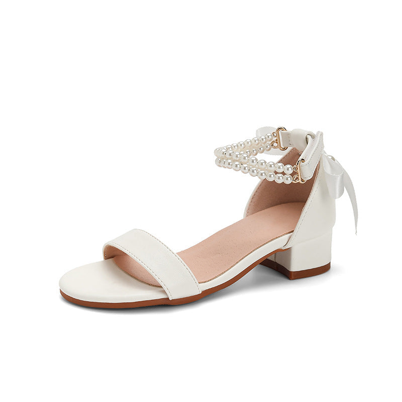 Cross-Border Exclusive 2026 New Style Elegant High-Heel Sandals for Girls, One-Strap Design with Pearl Butterfly Bow Decoration