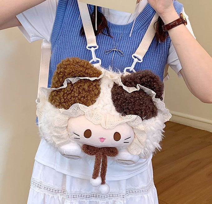 Pink Bunny Big-Face Plush Backpack, Cute Sweet Lace “Girl Heart” JK Style Oversized Head Backpack, Sweetheart Schoolbag Gift