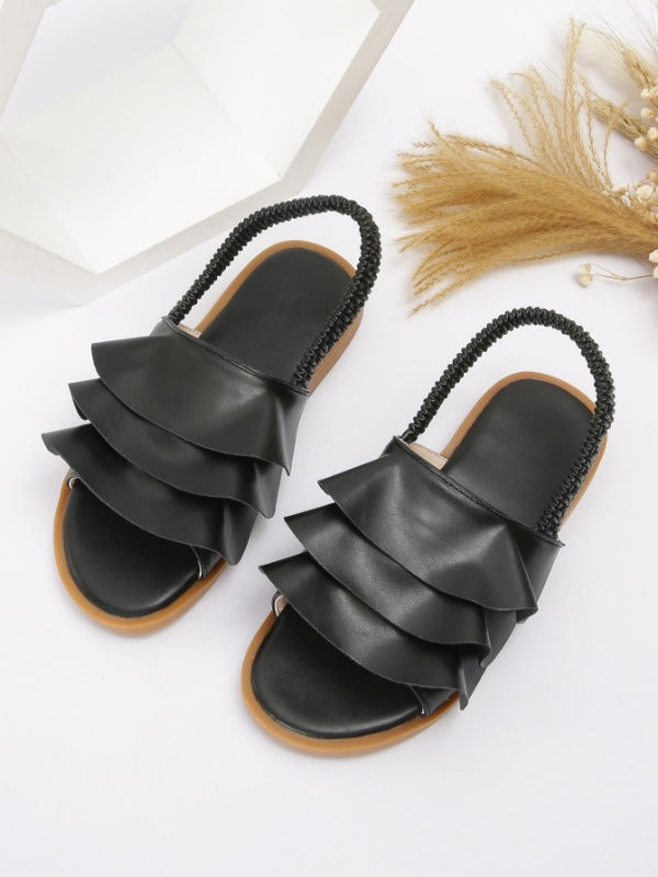 New Floral Ruffle Lace Girls Sandals for Export Gold Elastic Strap Beach Sandals Pleated Slip-On Princess Shoes