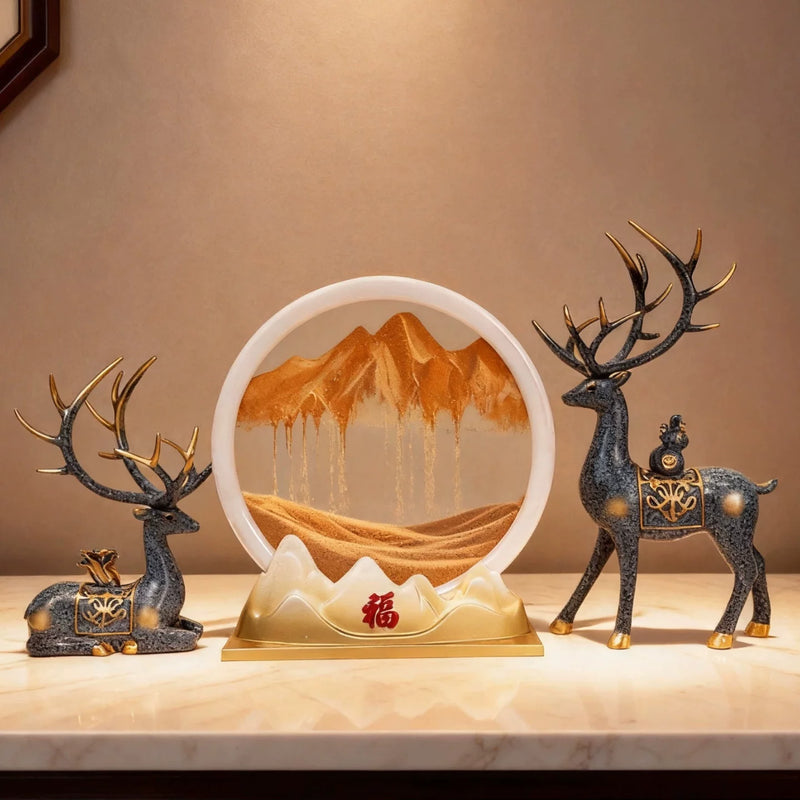 Wealth-Bringing Deer Sand Art Sandglass Flowing Display, Premium Home Decor for Living Room Wine Cabinet, Entryway & TV Console, New Home Gift