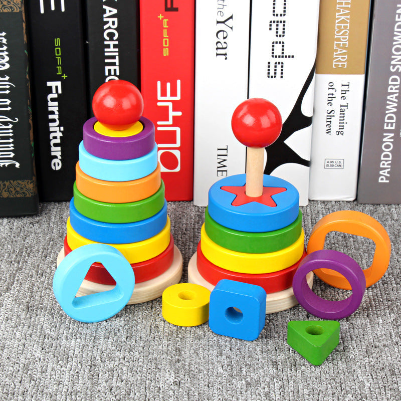TikTok Same Wooden Rainbow Tower Set Stacked Music Building Blocks Children's Educational Shape Matching Set Tower Toy