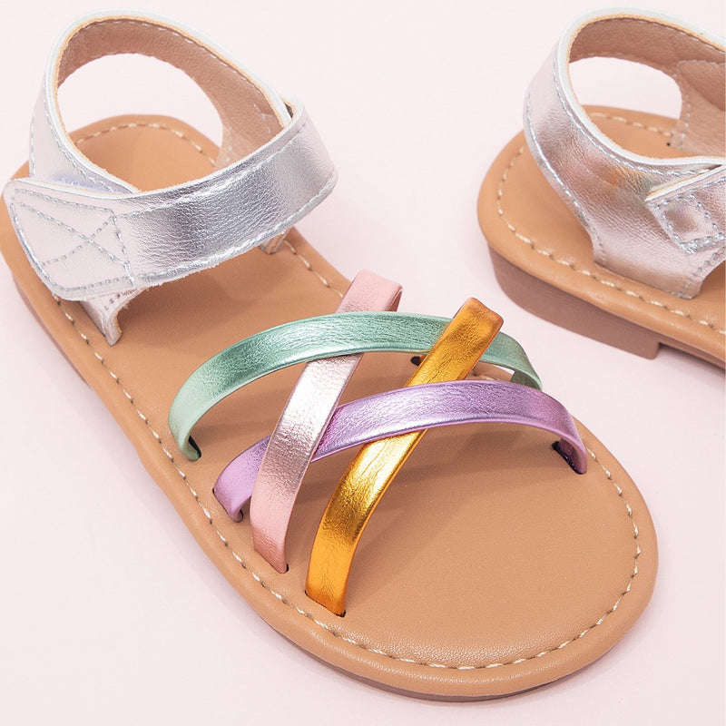 2026 Summer New Style French-Style Magic Tape Colorful Girls' Flat Princess Sandals with Soft Soles, Versatile Open-Toe Beach Sandals