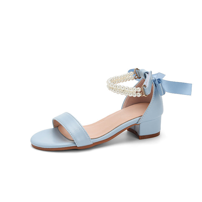 Cross-Border Exclusive 2026 New Style Elegant High-Heel Sandals for Girls, One-Strap Design with Pearl Butterfly Bow Decoration