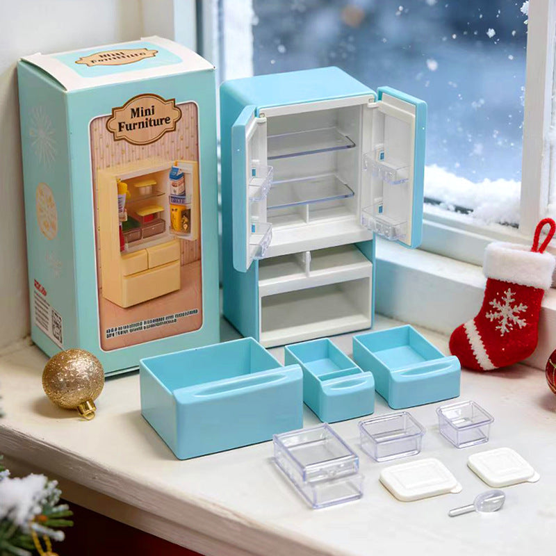 Mini Scene Playset Toy Dollhouse Double-Door Refrigerator Miniature for Pretend Play, Realistic Model