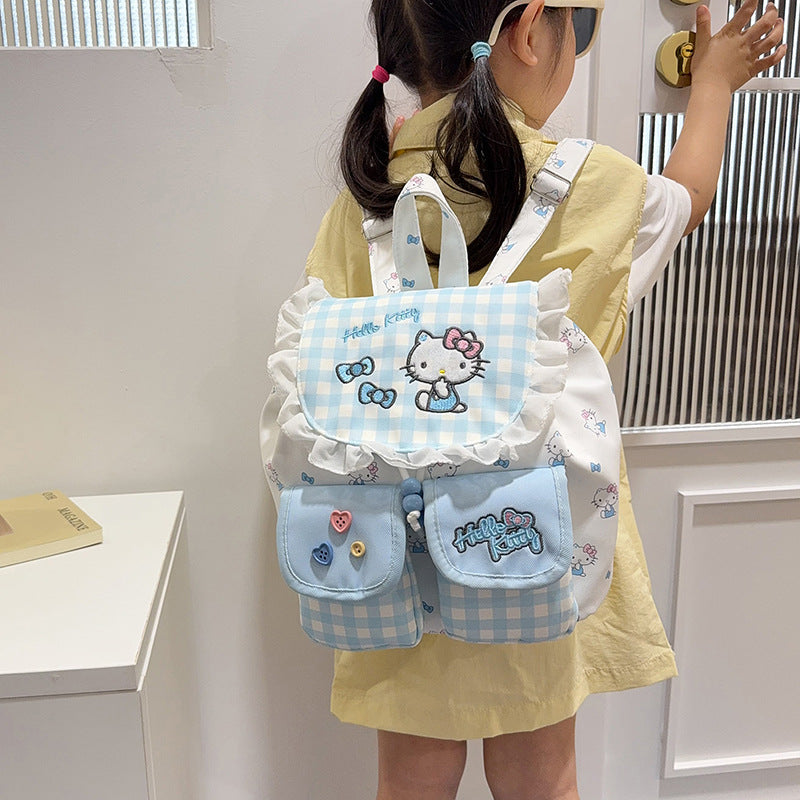 2026 New Water-Based Lace Double-Strap Backpack, Sweet Girly Cartoon Kawaii Light-Clean Blue Gingham Kitty Cat Backpack