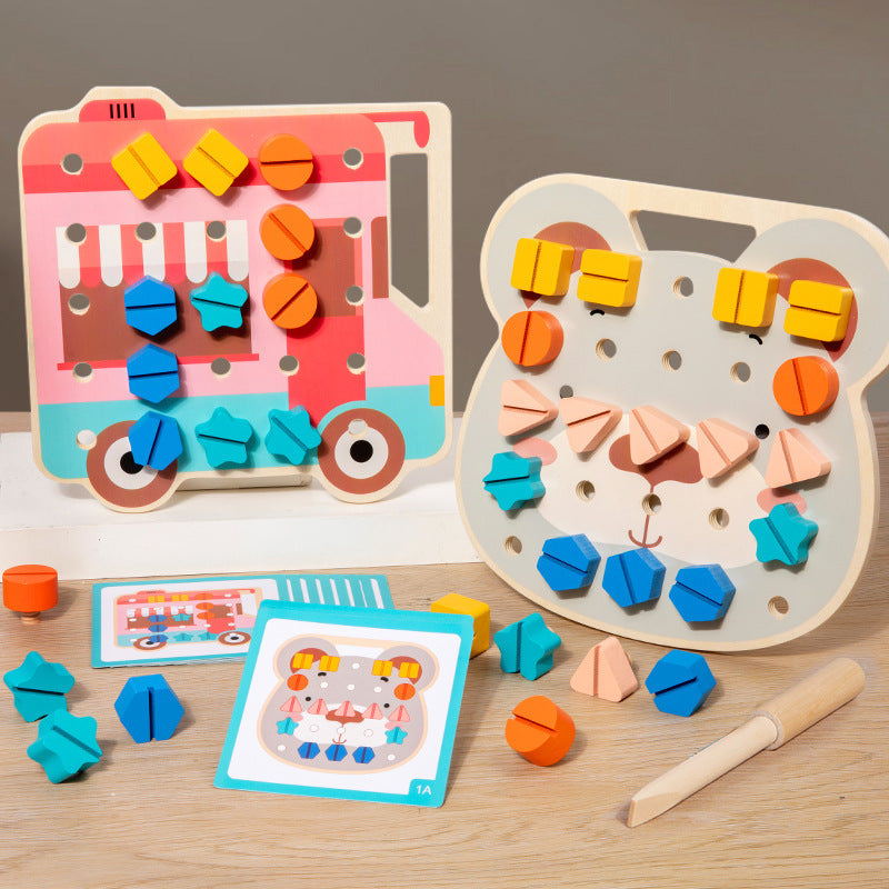 Cartoon wooden children's fun twist screw baby nut puzzle board shape color cognition early education educational toys