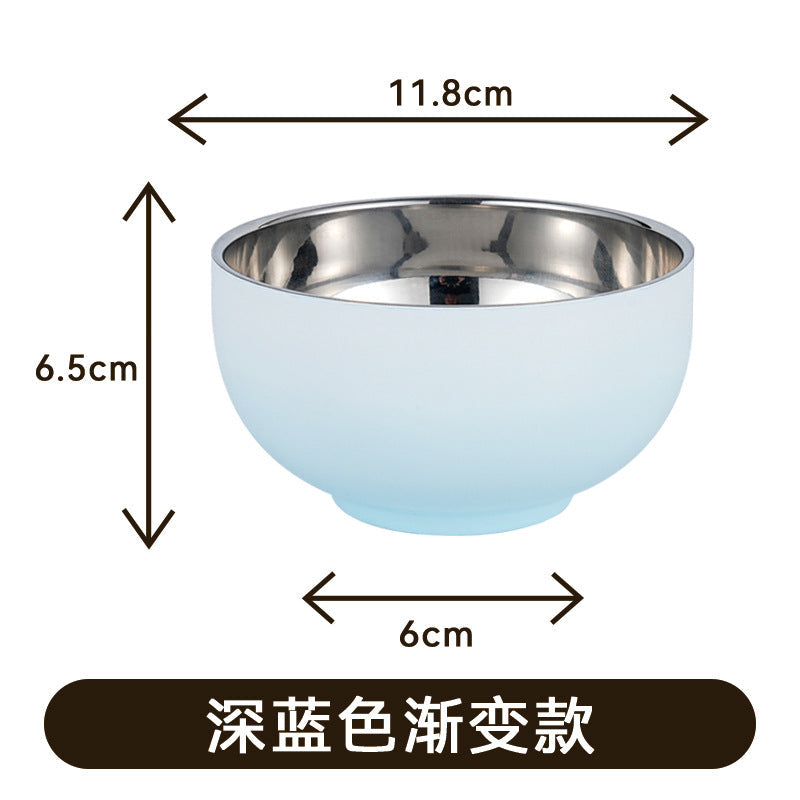 Hot gradient 304 stainless steel household rice bowl round bowl spoon anti-bowl adult heat insulation double-layer bowl chopsticks food grade